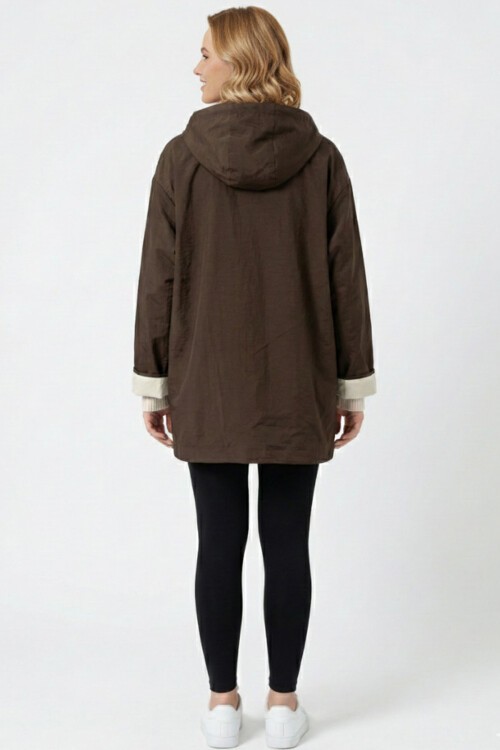 Kadın Teknik Kumaş Kapüşonlu Trençkot 5972 - Kahverengi