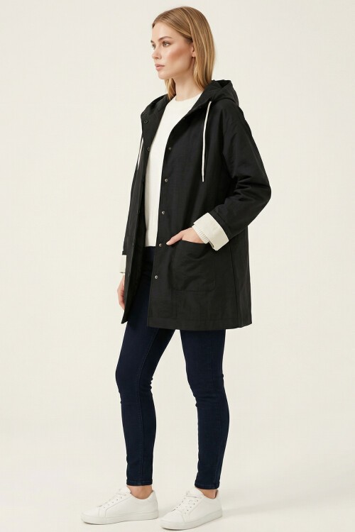 Kadın Teknik Kumaş Kapüşonlu Trençkot 5972 - Siyah