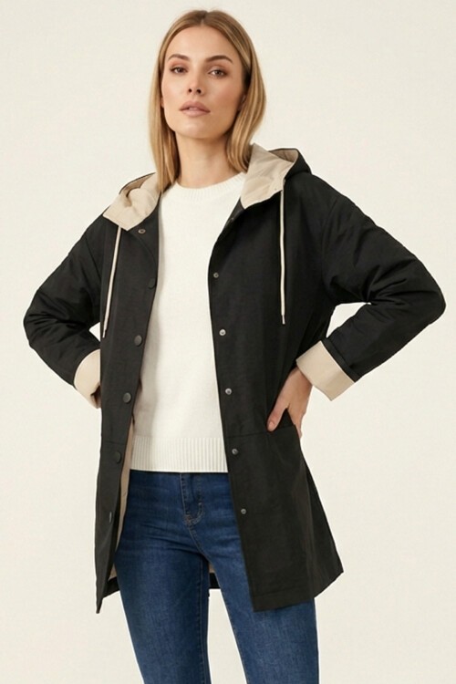 Kadın Teknik Kumaş Kapüşonlu Trençkot 5972 - Siyah