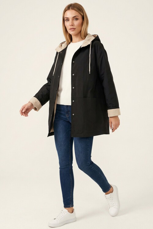 Kadın Teknik Kumaş Kapüşonlu Trençkot 5972 - Siyah