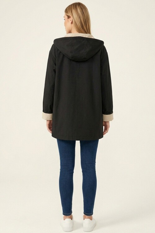 Kadın Teknik Kumaş Kapüşonlu Trençkot 5972 - Siyah