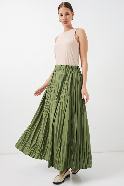 Kadın Uzun Kırışık Etek 8042 - A.Haki
