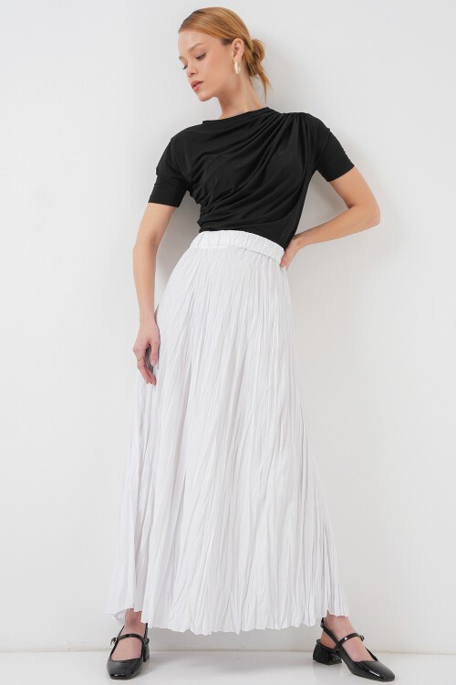 Kadın Uzun Kırışık Etek 8042 - Beyaz