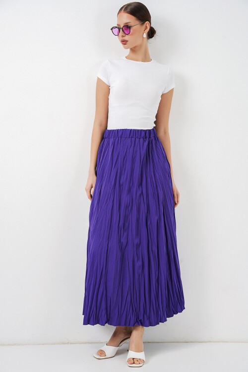Kadın Uzun Kırışık Etek 8042 - Mor