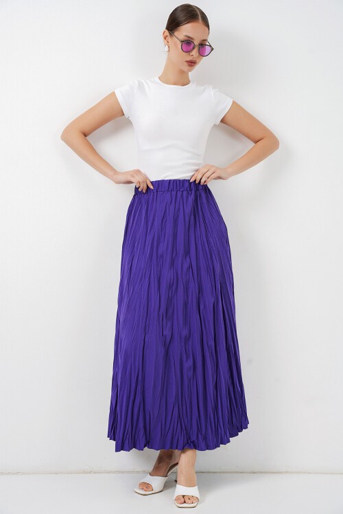 Kadın Uzun Kırışık Etek 8042 - Mor