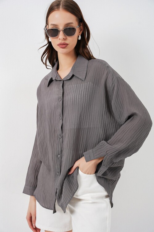 Kadın Uzun Oversize Gömlek 20320 - Antrasit