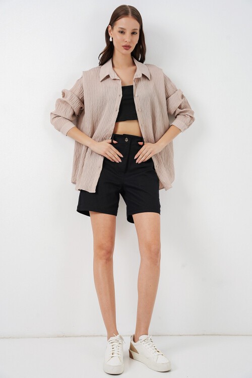 Kadın Uzun Oversize Gömlek 20320 - Bej