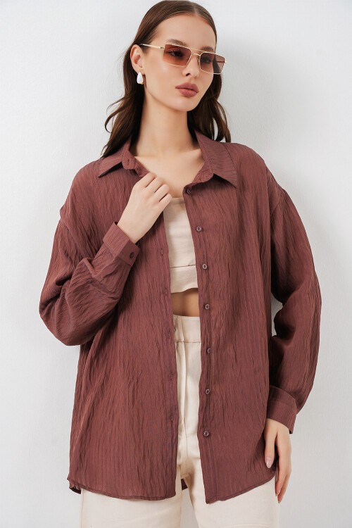 Kadın Uzun Oversize Gömlek 20320 - Kahverengi