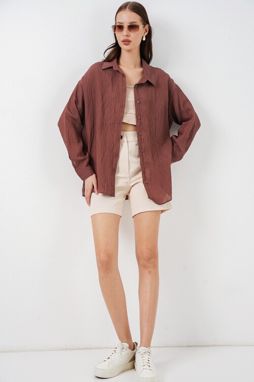 Kadın Uzun Oversize Gömlek 20320 - Kahverengi