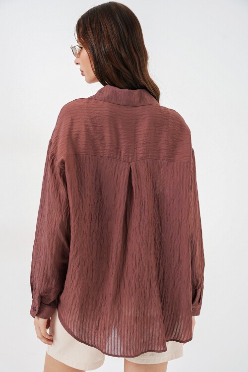 Kadın Uzun Oversize Gömlek 20320 - Kahverengi