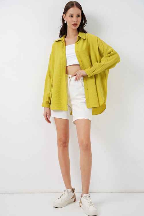 Kadın Uzun Oversize Gömlek 20334 - Hardal