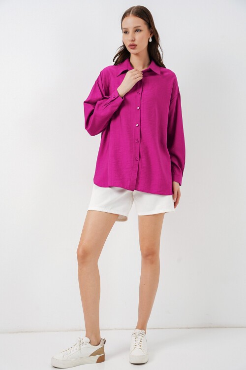 Kadın Uzun Oversize Gömlek 20334 - Koyu Pembe