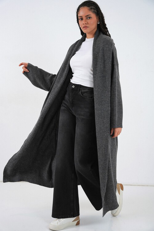 Kadın Uzun Oversize Triko Hırka 15924 - Antrasit
