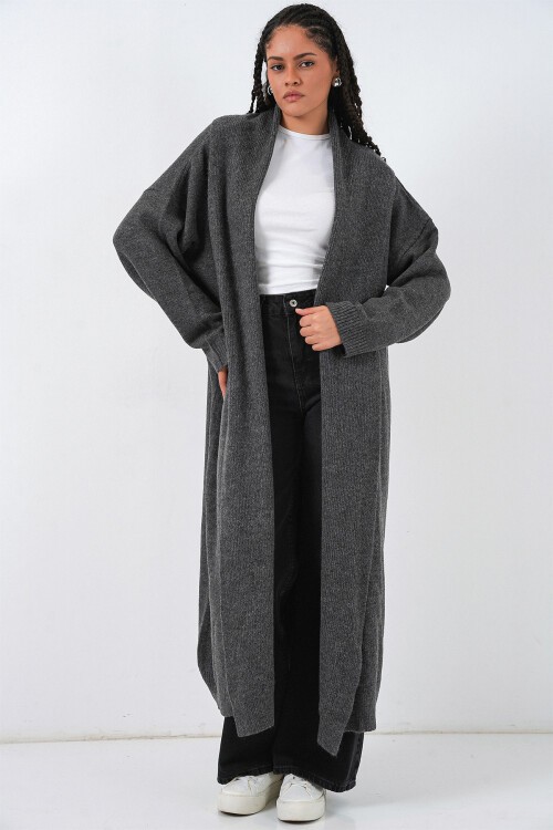 Kadın Uzun Oversize Triko Hırka 15924 - Antrasit