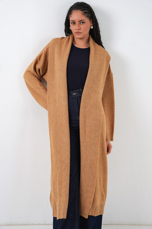 Kadın Uzun Oversize Triko Hırka 15924 - Hardal