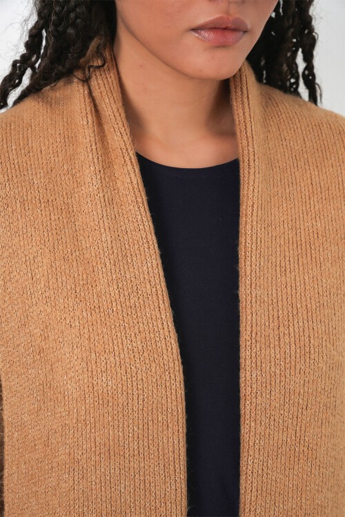 Kadın Uzun Oversize Triko Hırka 15924 - Hardal