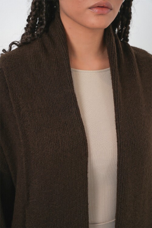 Kadın Uzun Oversize Triko Hırka 15924 - Kahverengi