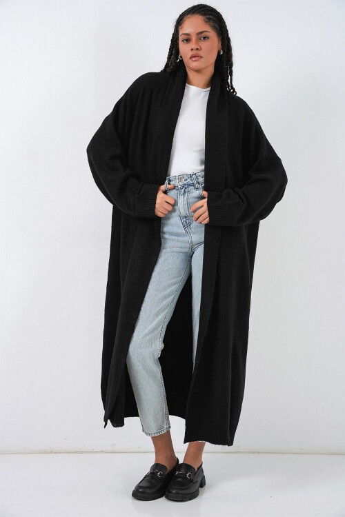 Kadın Uzun Oversize Triko Hırka 15924 - Siyah