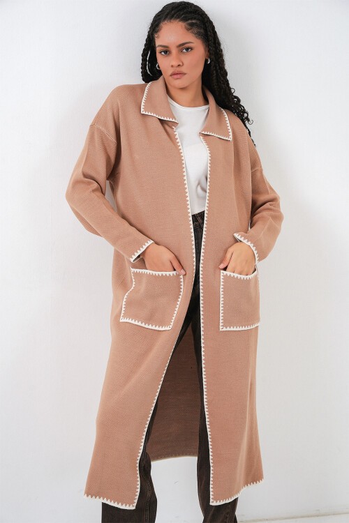 Kadın Uzun Oversize Triko Hırka 15962 - Camel