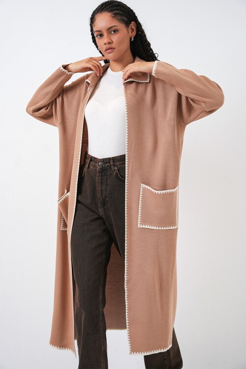 Kadın Uzun Oversize Triko Hırka 15962 - Camel