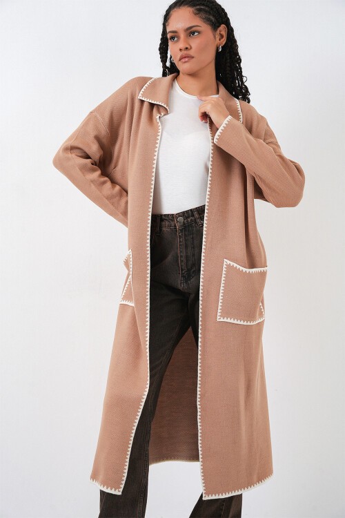 Kadın Uzun Oversize Triko Hırka 15962 - Camel