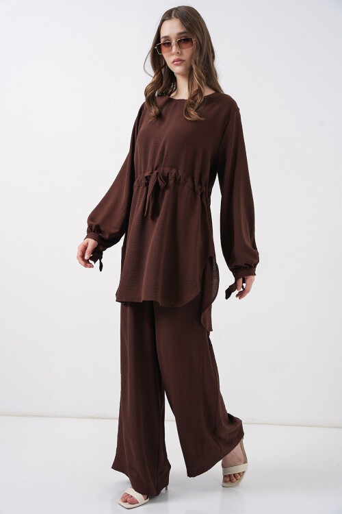Kadın Uzun Tunik Pantolon İkili Takım 6719 - Kahverengi