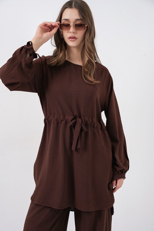 Kadın Uzun Tunik Pantolon İkili Takım 6719 - Kahverengi