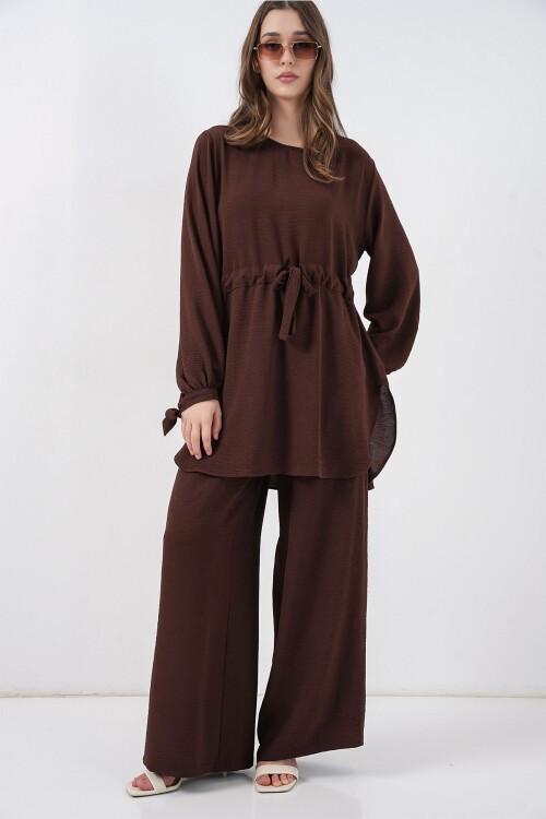 Kadın Uzun Tunik Pantolon İkili Takım 6719 - Kahverengi