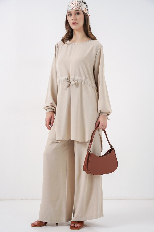 Kadın Uzun Tunik Pantolon İkili Takım 6719 - Krem