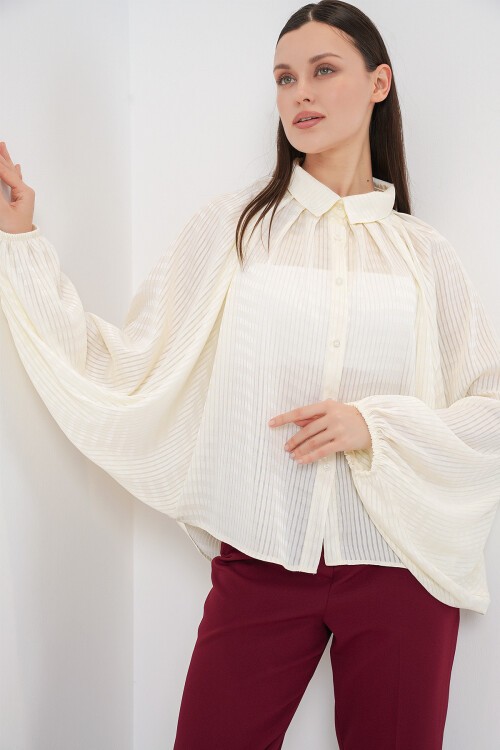 Kadın Yarasa Kol Oversize Gömlek 20368 - Ekru
