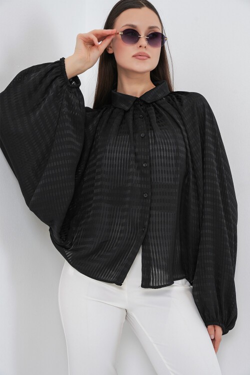 Kadın Yarasa Kol Oversize Gömlek 20368 - Siyah