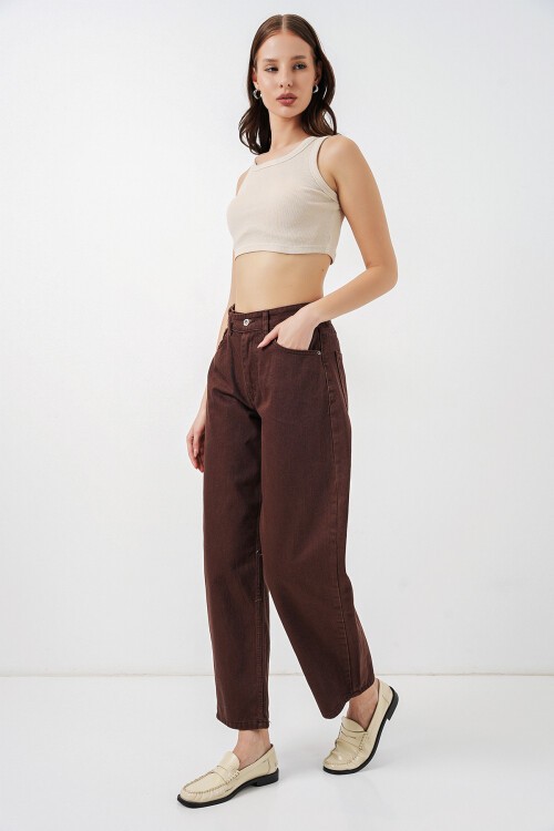 Kadın Yüksek Bel Kot Pantolon 30081 - Kahverengi