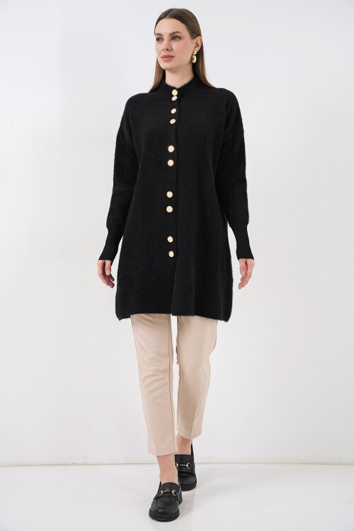 Kadın Yumuşak Dokulu Uzun Triko Hırka 15953 - Siyah