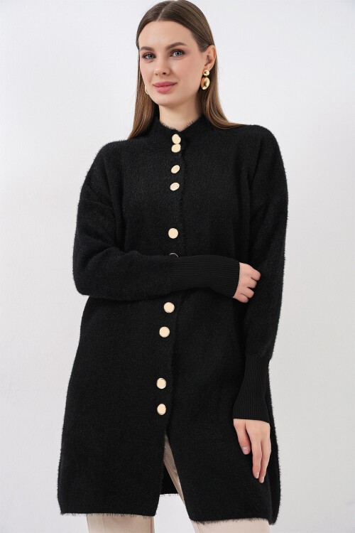 Kadın Yumuşak Dokulu Uzun Triko Hırka 15953 - Siyah