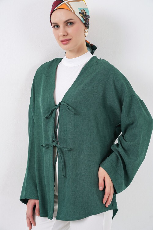 Keten Tesettür Kimono 5968 - Zümrüt Yeşili