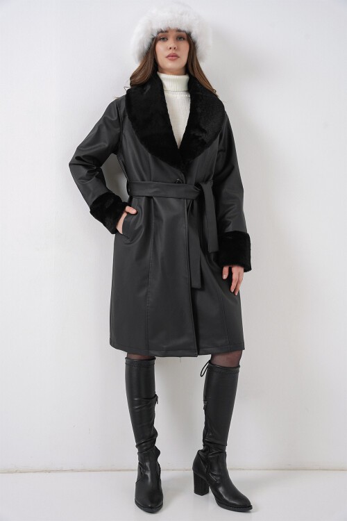 Merterium 1045 Kürklü Suni Deri Kaban - Siyah