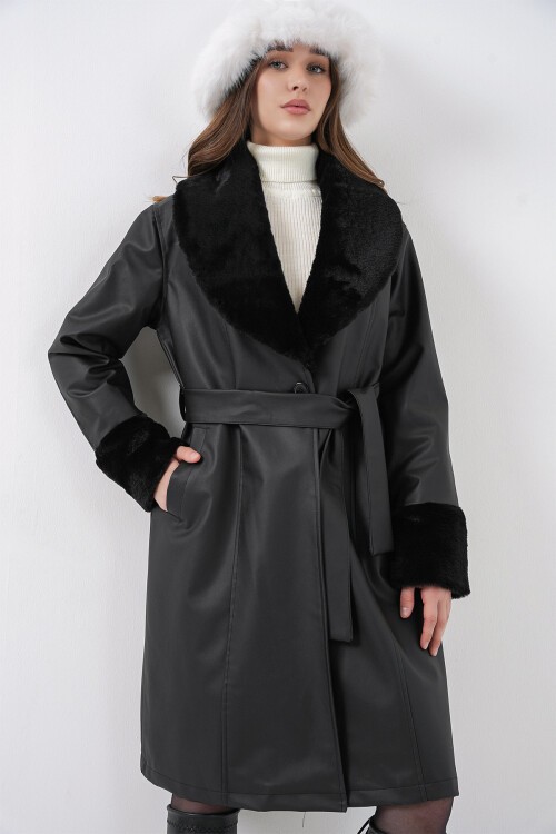 Merterium 1045 Kürklü Suni Deri Kaban - Siyah