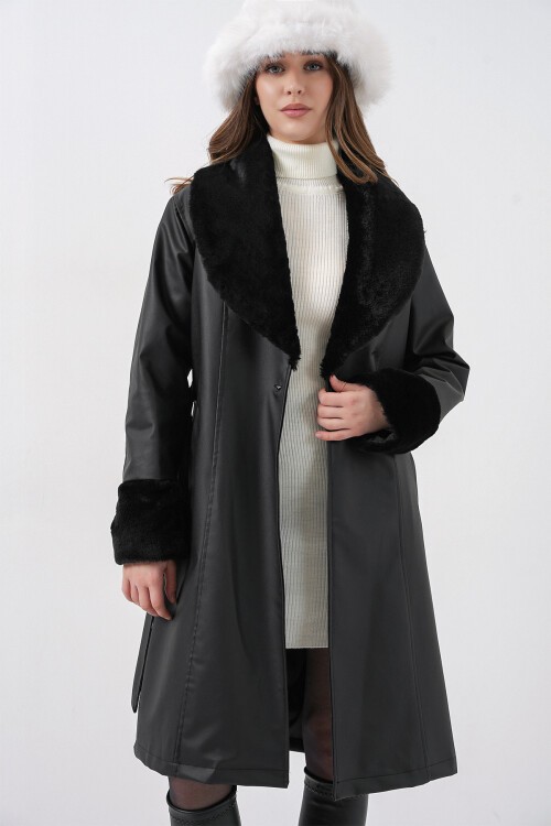 Merterium 1045 Kürklü Suni Deri Kaban - Siyah