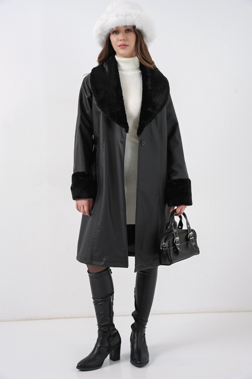 Merterium 1045 Kürklü Suni Deri Kaban - Siyah