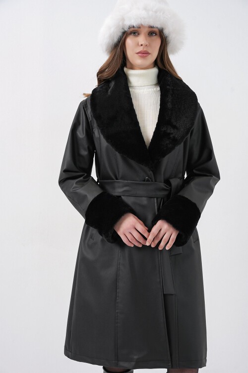 Merterium 1045 Kürklü Suni Deri Kaban - Siyah