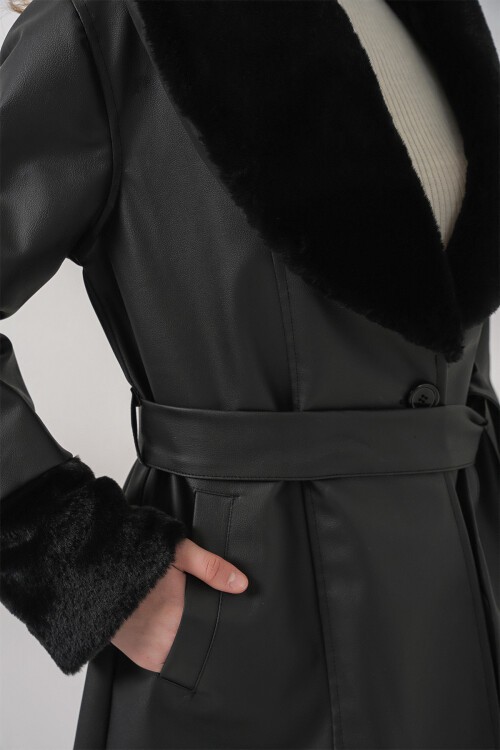 Merterium 1045 Kürklü Suni Deri Kaban - Siyah