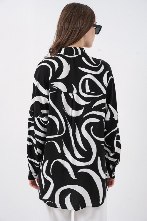 Merterium 3721 Grafik Desenli Gömlek - F. Siyah