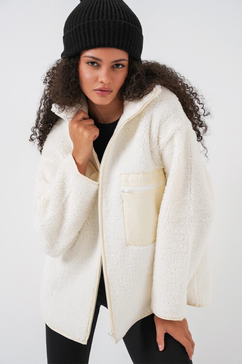 Merterium 55446 Fermuarlı Oversize Peluş Mont - Bej