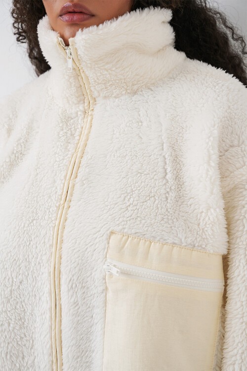 Merterium 55446 Fermuarlı Oversize Peluş Mont - Bej