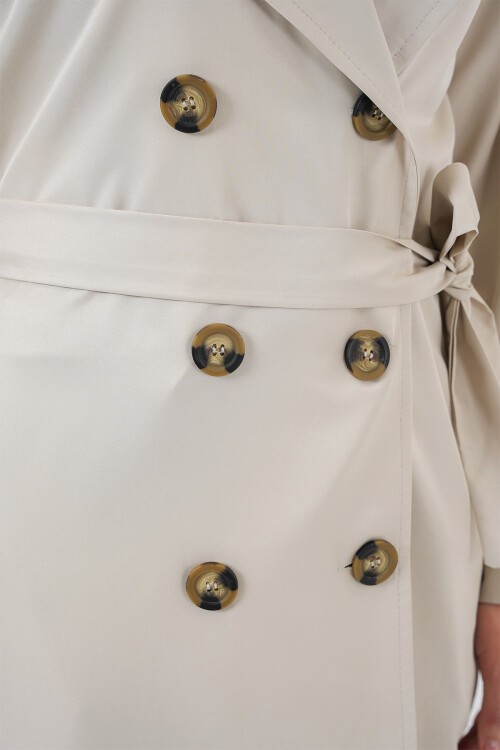 Merterium 5853 Kruvaze Yaka Arkası Baskılı Trençkot - A.Bej