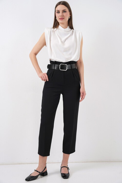 Merterium 6556 Kemerli Kumaş Pantolon - Siyah