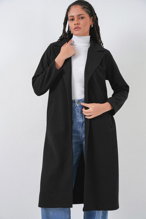 Merterium 9118 Kruvaze Yaka Kaşe Kaban - Siyah