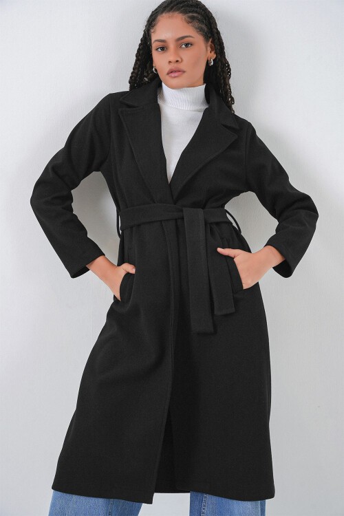 Merterium 9118 Kruvaze Yaka Kaşe Kaban - Siyah