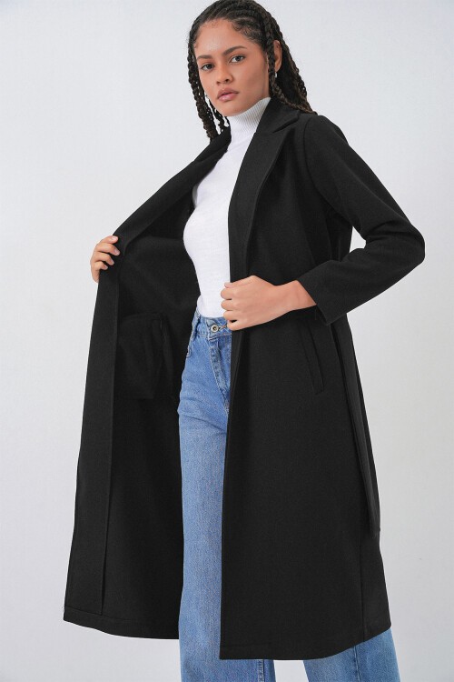 Merterium 9118 Kruvaze Yaka Kaşe Kaban - Siyah