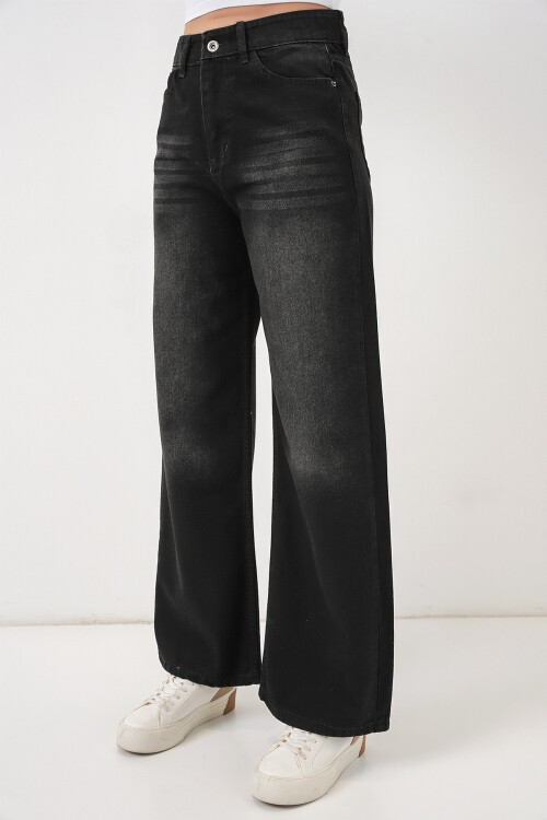 Merterium Kadın Bol Paça Yüksek Bel Palazzo Kot Pantolon 6656 - Siyah